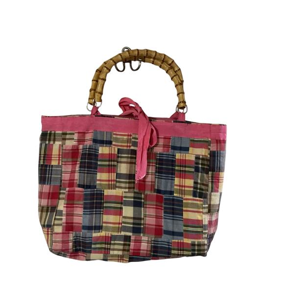 Molly B Patchwork Plaid Tote Bag Bamboo Handles Pink Trim - Picture 6 of 7